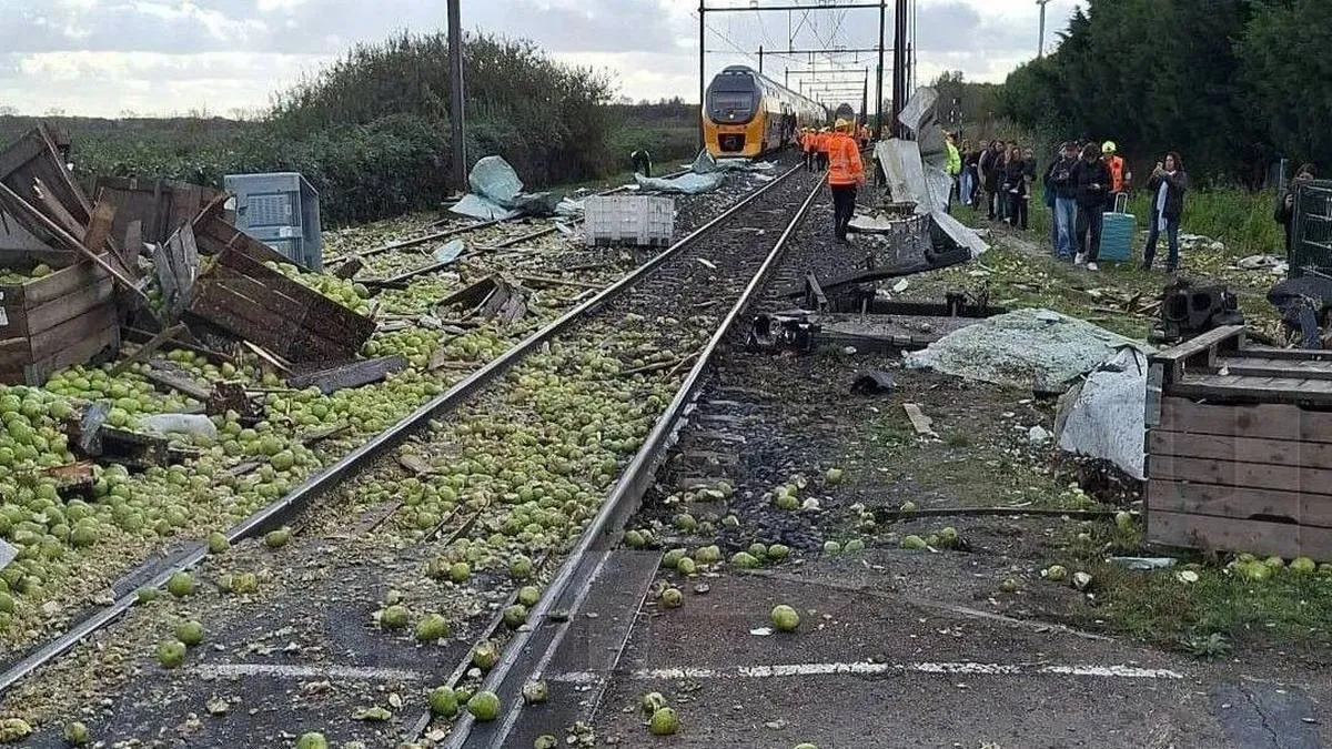 Потяг в Нідерландах зіткнувся з вантажівкою, наповненою грушами: відео незвичної аварії на залізниці